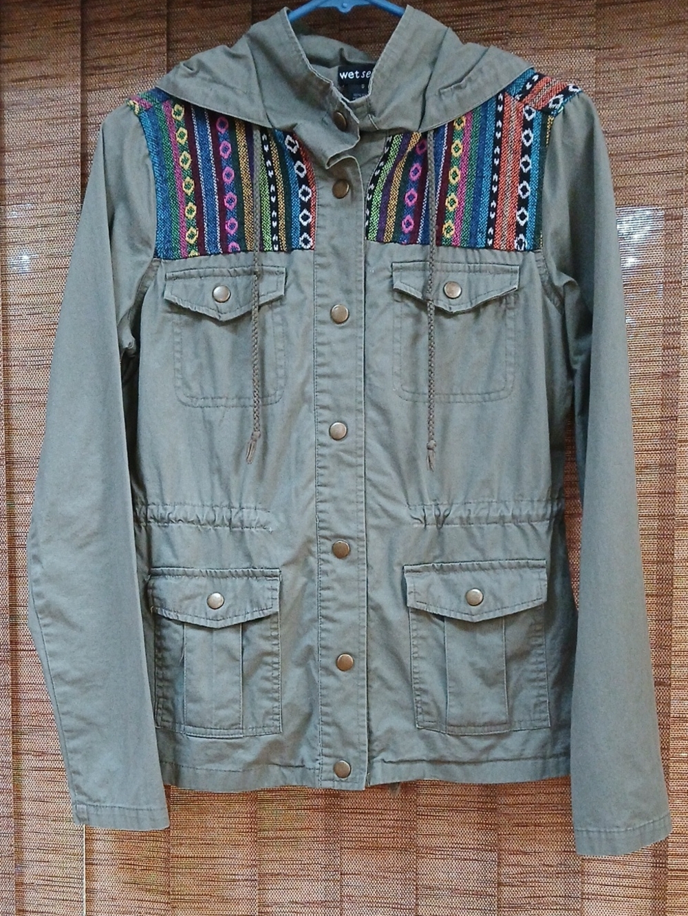 Vintage Y2K Wet Seal Aztec Embroidered Utility Jacket Olive Green